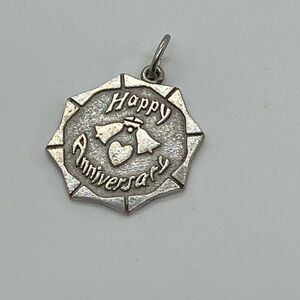 Vtg 925 Sterling Silver Happy Anniversary Heart & Bells Coin Charm / Pendant
